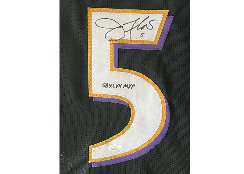 Joe Flacco Signed Baltimore Custom Football Black Jersey SB 47 MVP Insc JSA