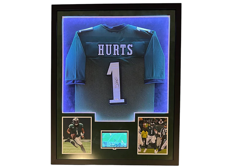 Jalen Hurts Signed Philadelphia Eagle 3D Light Up With TV Jersey Framed 34x42 JSA