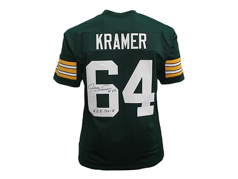 Jerry Kramer Autographed Green Bay Pro Style Football Green Jersey (JSA) HOF 2018 Inscription