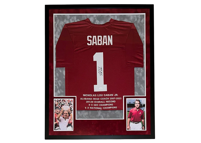 Nick Saban Signed 42x34 Alabama Crimson Tide Framed Stats Jersey JSA