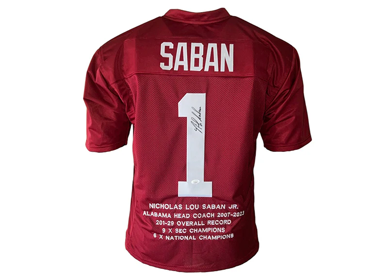 Nick Saban Signed Alabama Custom Red College Stats Football Jersey Becket