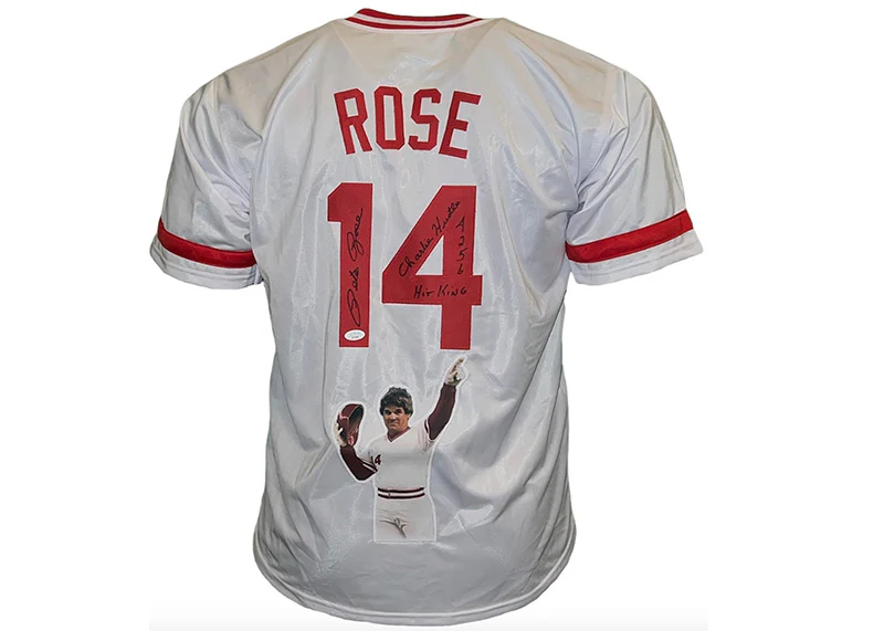 Pete Rose Signed Cincinnati White Baseball Jersey JSA Hit king, Charlie hustle and 4256 inscription?
