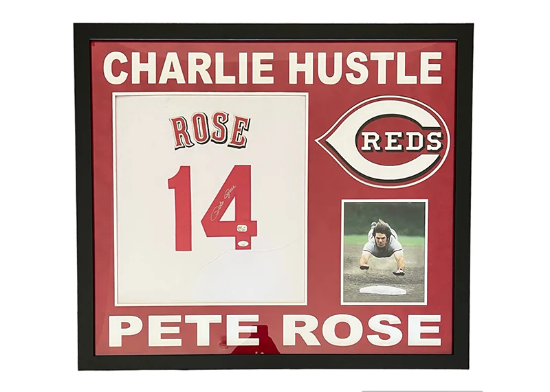 Pete Rose Signed Cincinnati Stats 32x36 Framed Baseball Jersey JSA