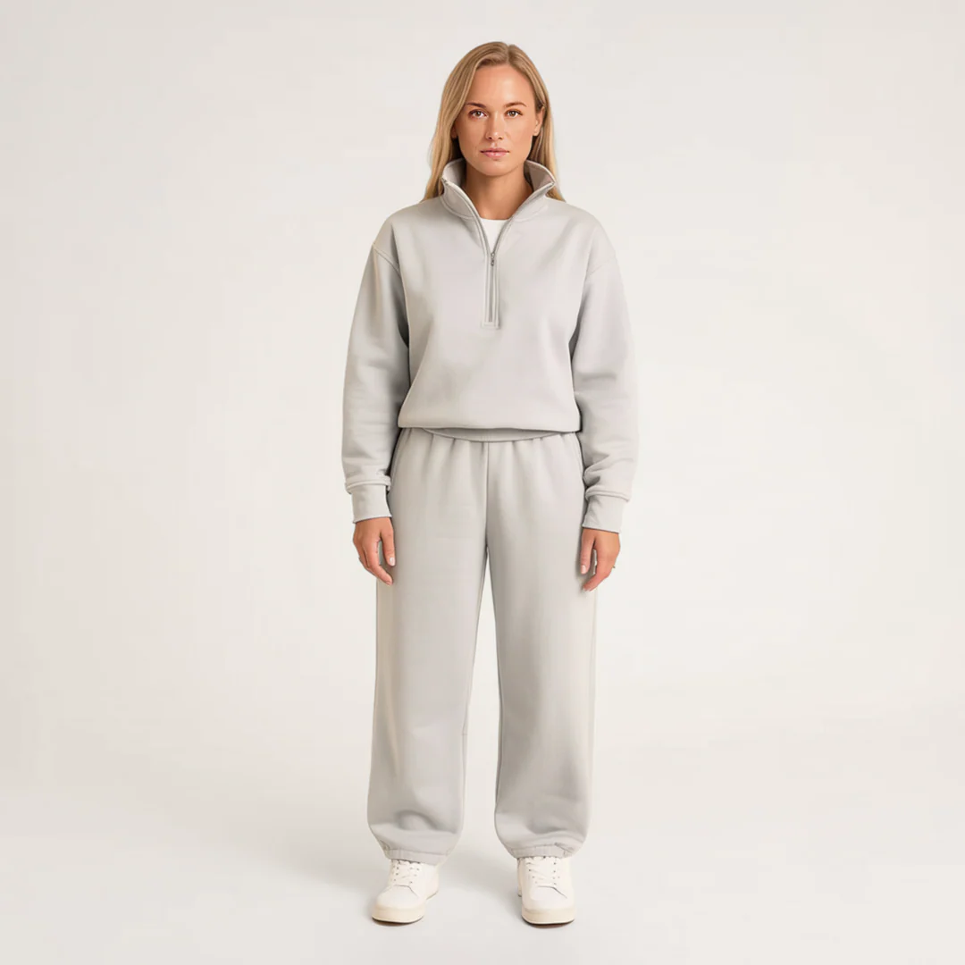 Stilfuldt Joggings?t med Halv Lynl?s og Behagelig Pasform