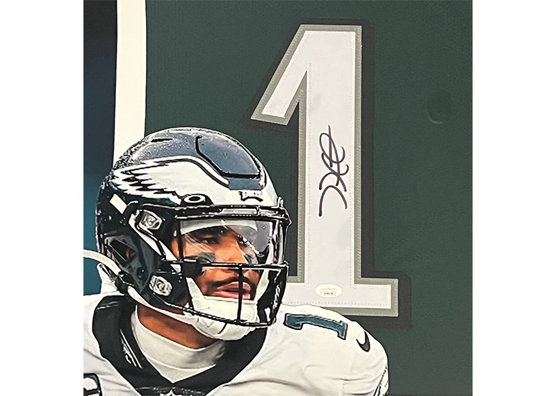 Jalen Hurts Signed 39x27 Framed Football Jersey (JSA)