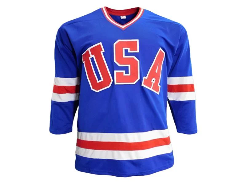 Mike Eruzione Autographed Team USA Olympic Custom Hockey Jersey Blue (JSA)