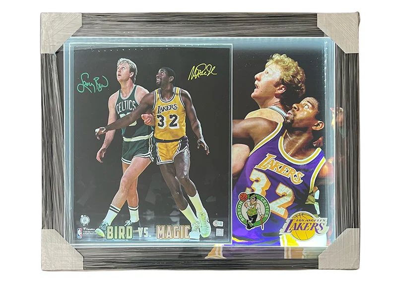 Larry Bird & Magic Johnson Signed Celtics-Lakers 3D LED Lights Frame JSA 33x27