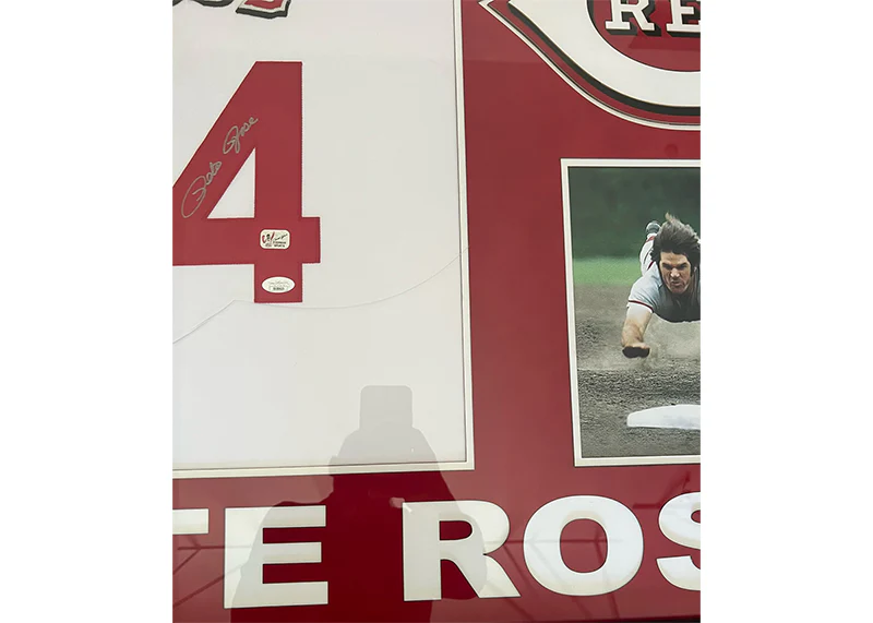 Pete Rose Signed Cincinnati Stats 32x36 Framed Baseball Jersey JSA
