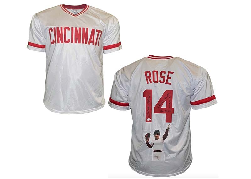 Pete Rose Signed Cincinnati White Baseball Jersey JSA Hit king, Charlie hustle and 4256 inscription?