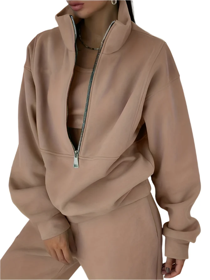 Stilfuldt Joggings?t med Halv Lynl?s og Behagelig Pasform