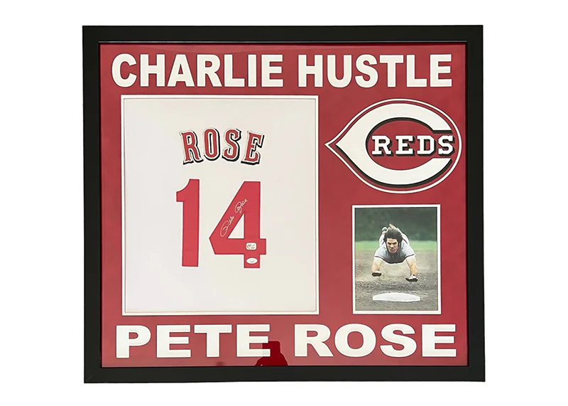 Pete Rose Autographed Cincinnati 32x36 Framed Baseball Jersey JSA