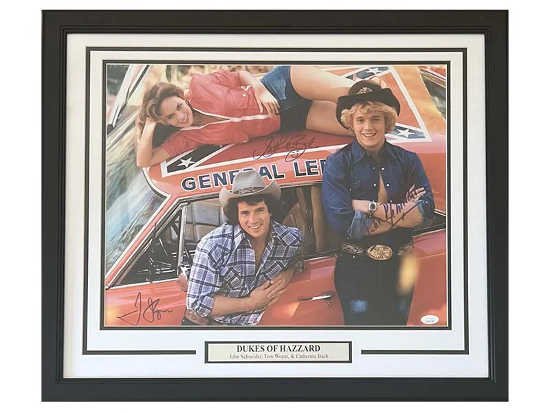 Dukes of Hazzard Signed John Schneider Tom Wopat Catherine Bach 16/20 Framed Photo JSA