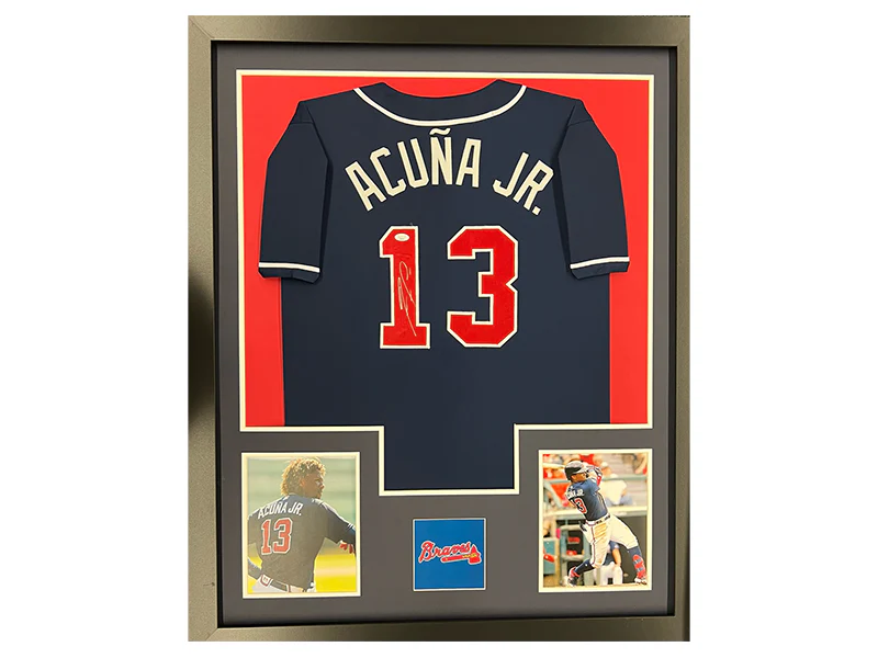 Ronald Acuna Jr. Autographed Blue Atlanta Framed Baseball Jersey 35x44 (JSA)