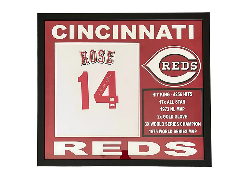 Pete Rose Signed Cincinnati Stats 32x36 Framed Baseball Jersey JSA