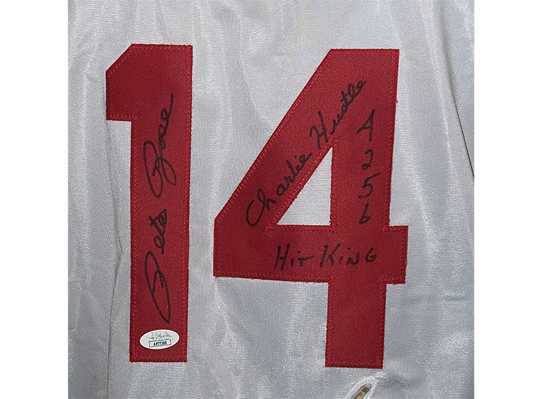 Pete Rose Signed Cincinnati White Baseball Jersey JSA Hit king, Charlie hustle and 4256 inscription?