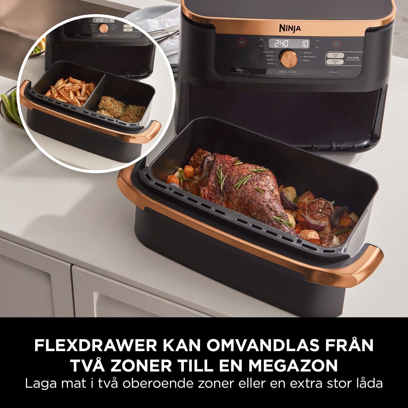 Ninja Foodi FlexDrawer Air Fryer, Double Zone with Removable Divider, Large 10.4L Box, 7-in-1, Double Zone, Usually No Oil, Nonstick Dishwasher Safe Parts, Copper/Black AF500EUCP