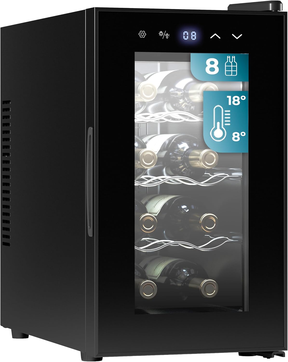 Cecotec vinkylskåp GrandSommelier 24000 svart kompressor. 24 flaskor med kompressor som garanterar hög prestanda. Justerbar temperatur och pekkontrollpanel