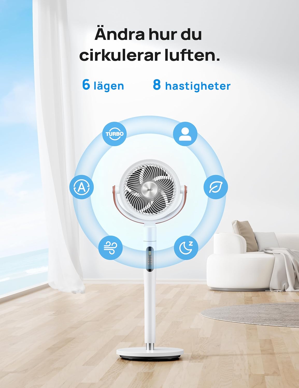 Dreo 25dB tyst smart stående fläkt, 30M vindavstånd, 1500m³/h luftvolym, turbo-luftcirkulator, 110CM höjd, 6 lägen, 8 hastigheter, 120°+105° omnidirektionell oscillering fläkt, PolyFan 513S