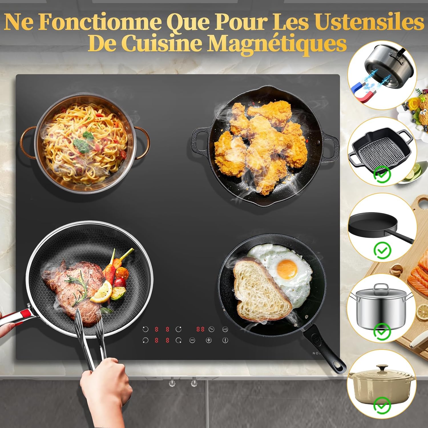 Noxton Induktionsplatta 60cm, 3500W, 220-240V 4-bränder, Touch-kontroll,Installation Plug, Touch-drift,9 Värmenivåer,1-99min timer, Barnsäker själv,Automatisk avstängning, B46414