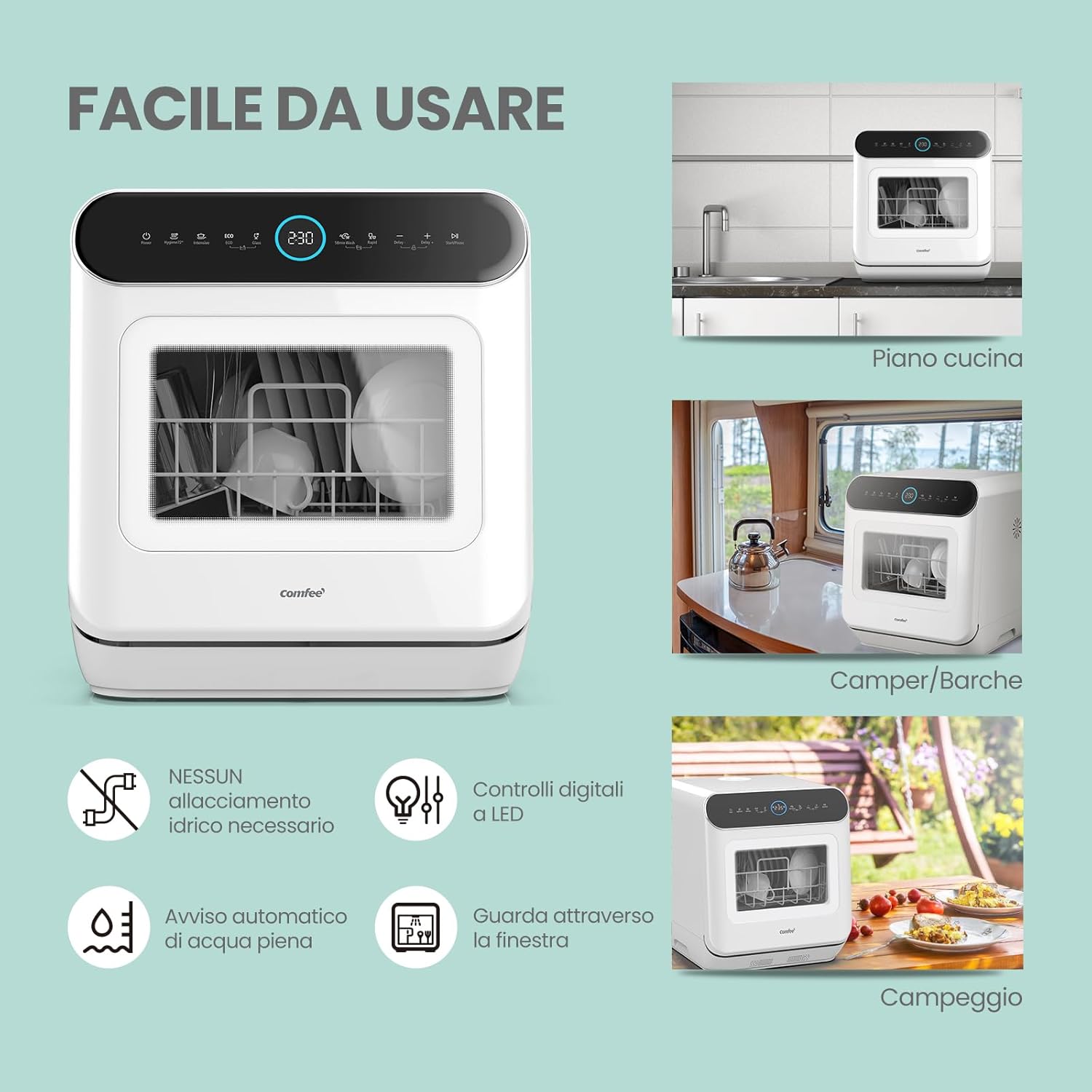 COMFEE Freestanding Dishwasher, for 3 Cutlery, 7 Programs, LED Touch Screen, Delayed Start and Off-Season Washing Function - White