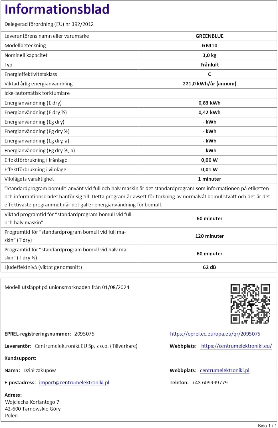 GreenBlue elektrisk torktumlare med 3 kg last GB410