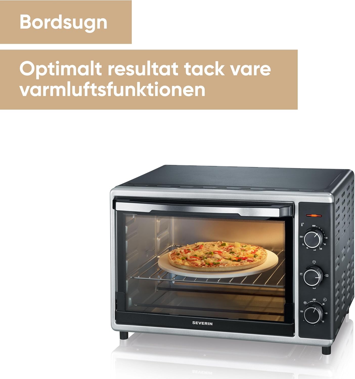 SEVERIN bak- och rostugn med varmluftsfunktion, miniugn med grillgaller, bakplåt, roterande spett och pizzasten, mångsidig varmluftsugn med 42 L kapacitet, 1 800 W, svart, TO 2058