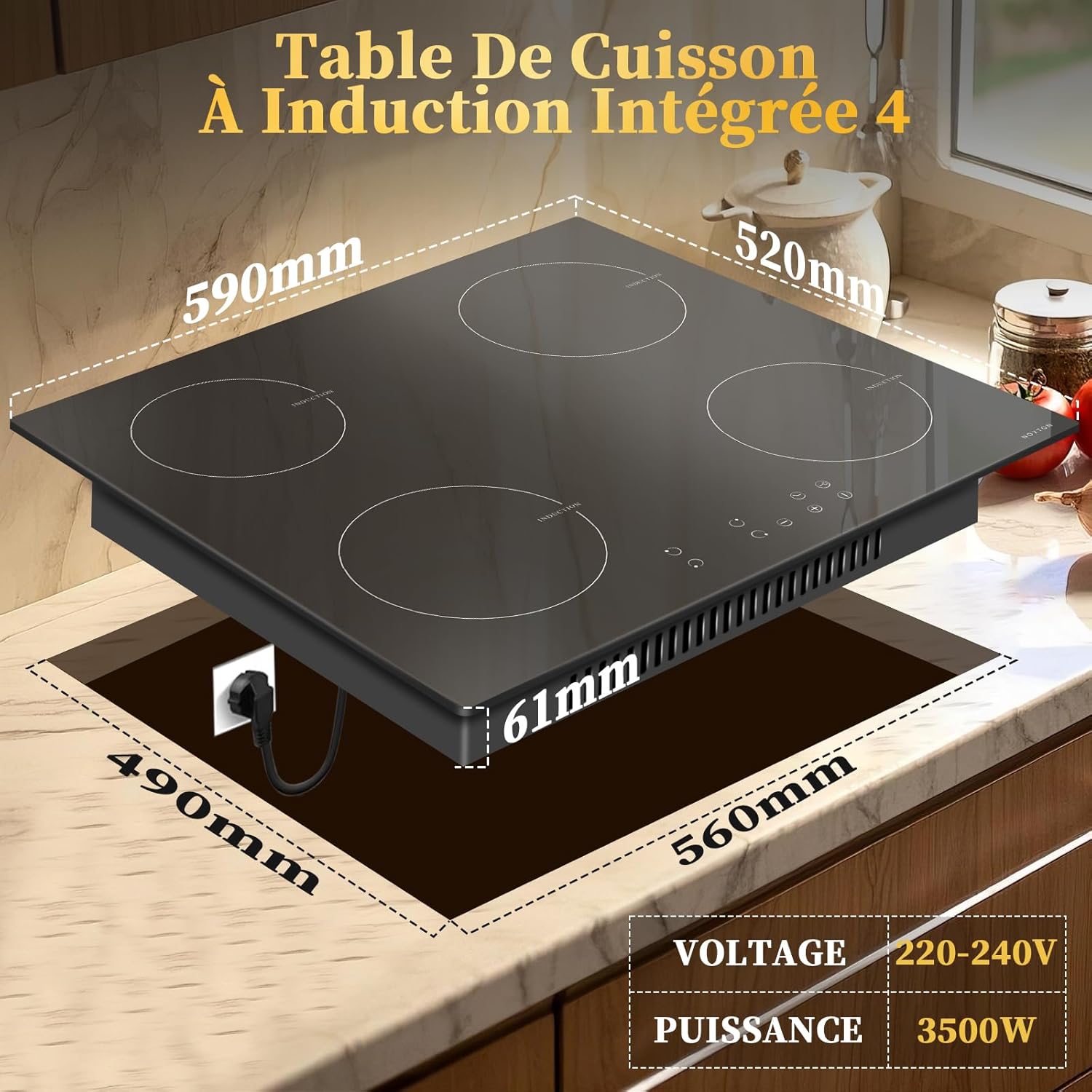 Noxton Induktionsplatta 60cm, 3500W, 220-240V 4-bränder, Touch-kontroll,Installation Plug, Touch-drift,9 Värmenivåer,1-99min timer, Barnsäker själv,Automatisk avstängning, B46414