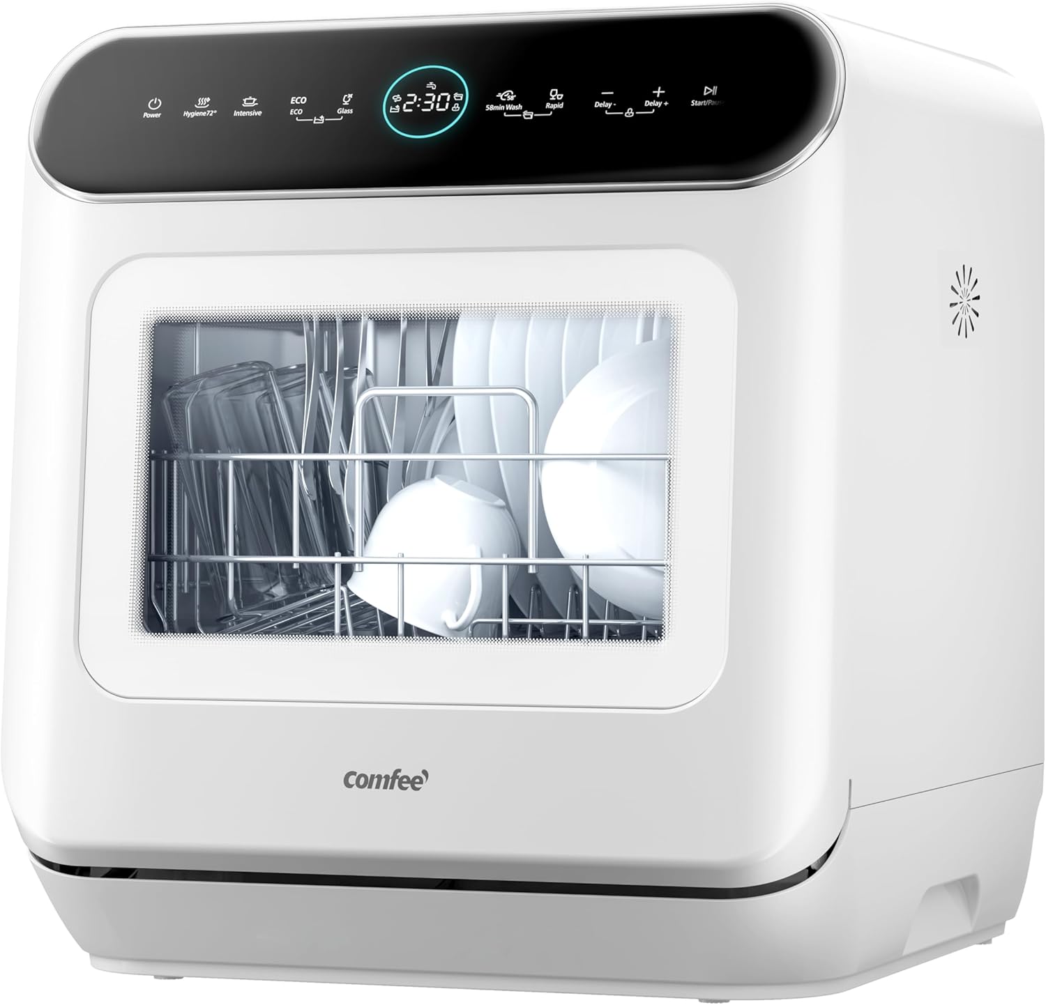 COMFEE Freestanding Dishwasher, for 3 Cutlery, 7 Programs, LED Touch Screen, Delayed Start and Off-Season Washing Function - White