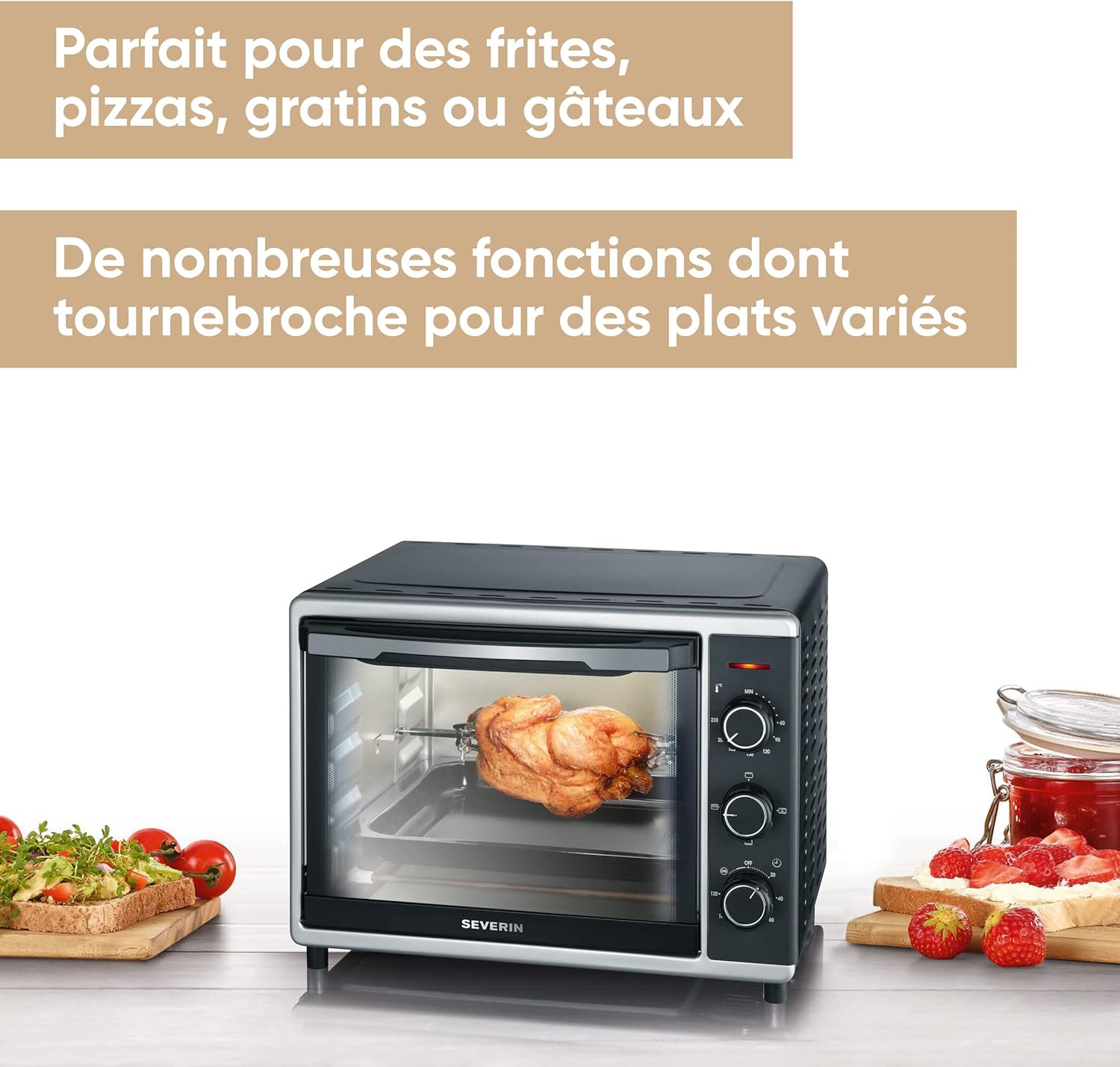 SEVERIN bak- och rostugn med varmluftsfunktion, miniugn med grillgaller, bakplåt, roterande spett och pizzasten, mångsidig varmluftsugn med 42 L kapacitet, 1 800 W, svart, TO 2058
