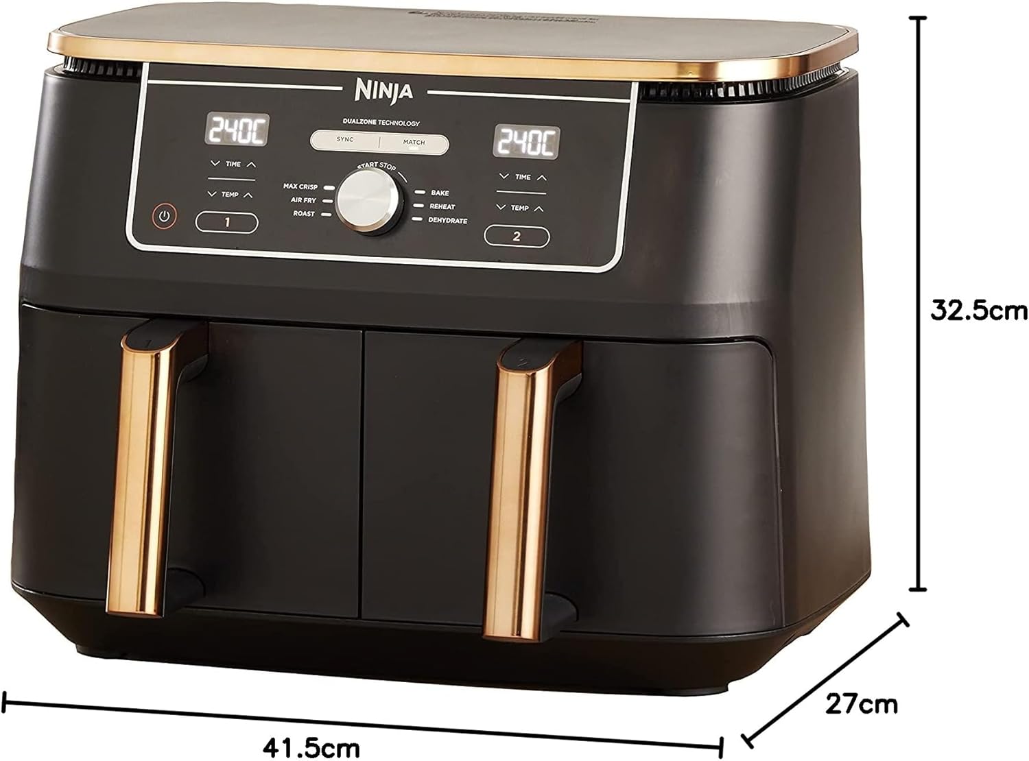 Ninja Foodi MAX Double Zone Air Fryer, Tongs, 2 Drawers, 9.5L, 6-in-1, Usually No Oil, Air Fryer, Maximize Crisp, Roast, Bake, 8 Serves, Nonstick Dishwasher Safe Baskets, Copper/Black AF400EUCP