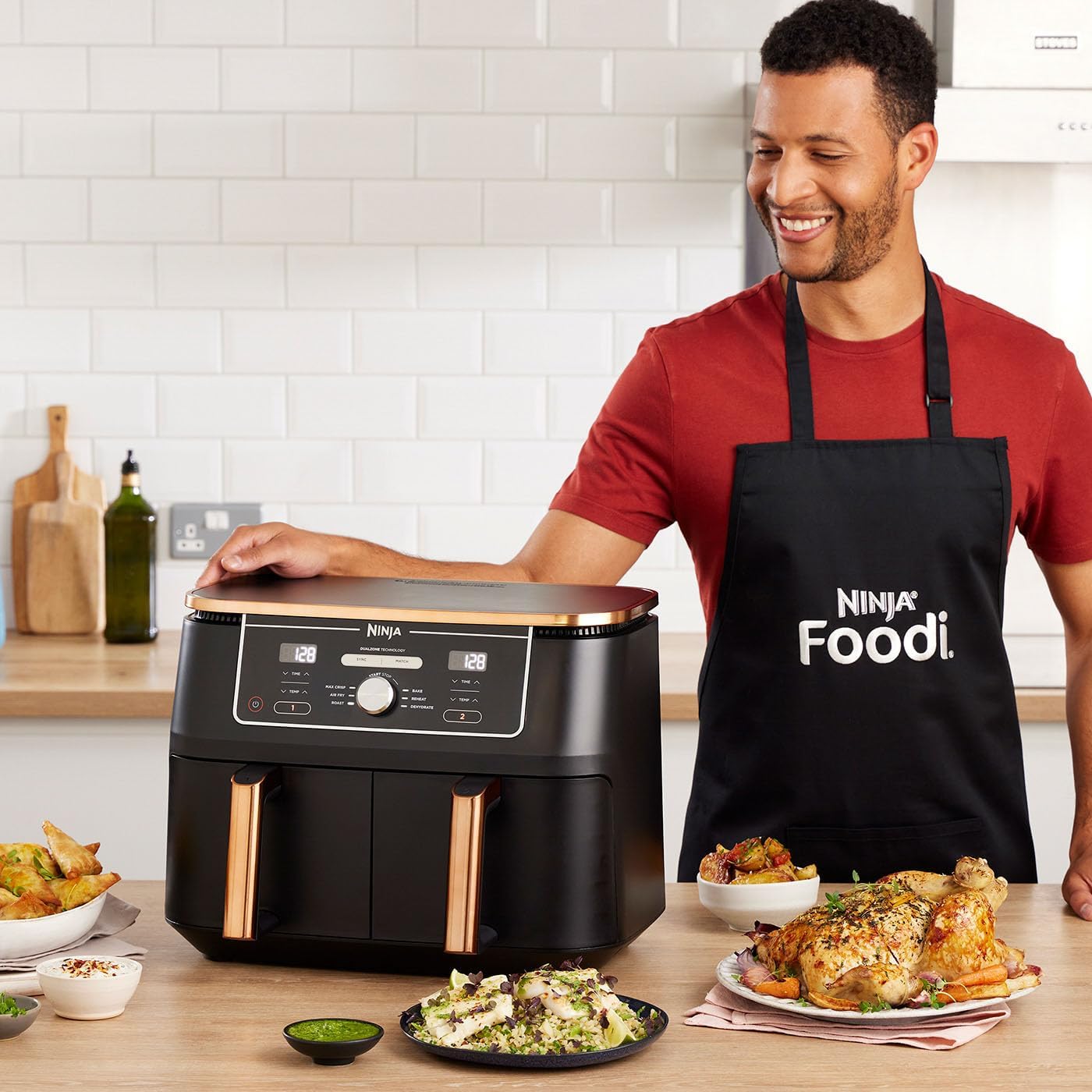Ninja Foodi MAX Double Zone Air Fryer, Tongs, 2 Drawers, 9.5L, 6-in-1, Usually No Oil, Air Fryer, Maximize Crisp, Roast, Bake, 8 Serves, Nonstick Dishwasher Safe Baskets, Copper/Black AF400EUCP