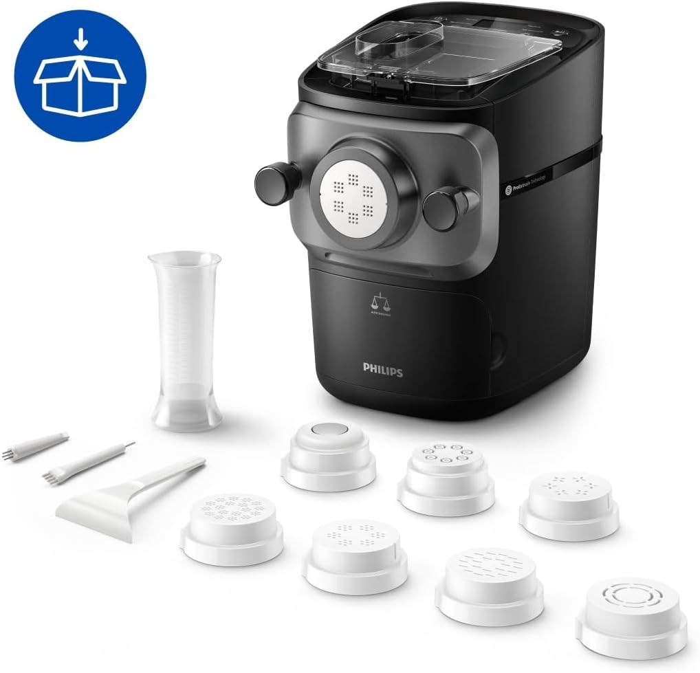 Philips 7000 Series Pastamaskin, Automatisk Integrerad Vägningsteknologi, ProExtrude-teknik, 8 Formskivor, Enkel Rengöring, Upp till 8 Portioner, Svart (HR2665/93)