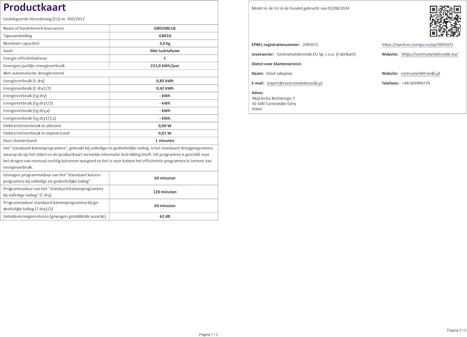 GreenBlue elektrisk torktumlare med 3 kg last GB410