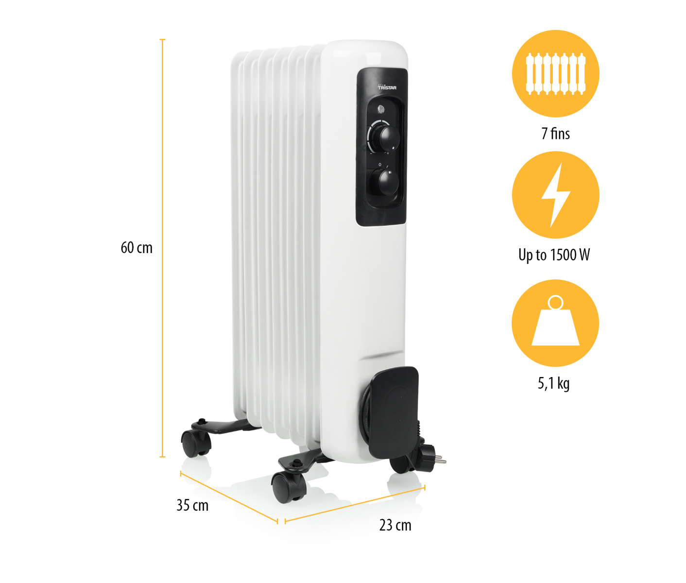 Tristar Oil filled radiator w.  7 fins, 3 settings 1500 W