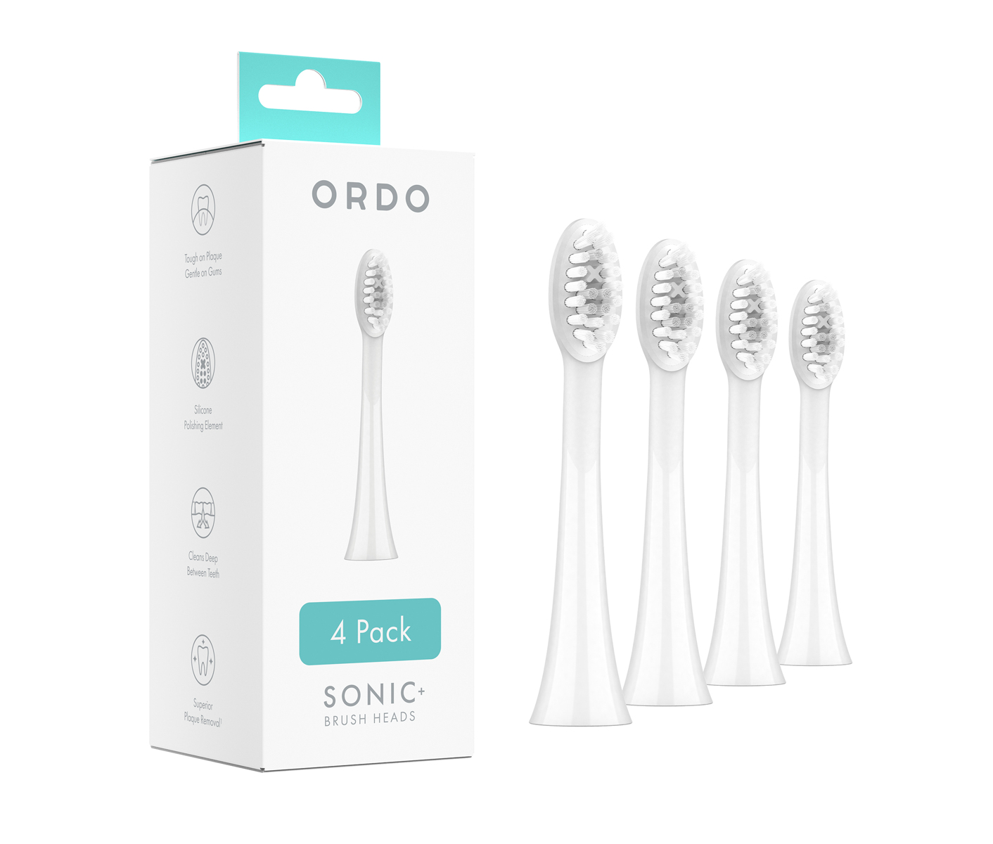 ORDO Sonic+ Brush Heads - White/Silver - 4-pack