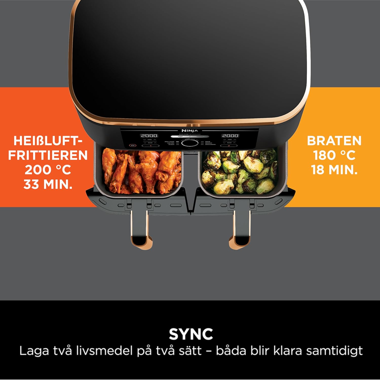 Ninja Foodi MAX Double Zone Air Fryer, Tongs, 2 Drawers, 9.5L, 6-in-1, Usually No Oil, Air Fryer, Maximize Crisp, Roast, Bake, 8 Serves, Nonstick Dishwasher Safe Baskets, Copper/Black AF400EUCP