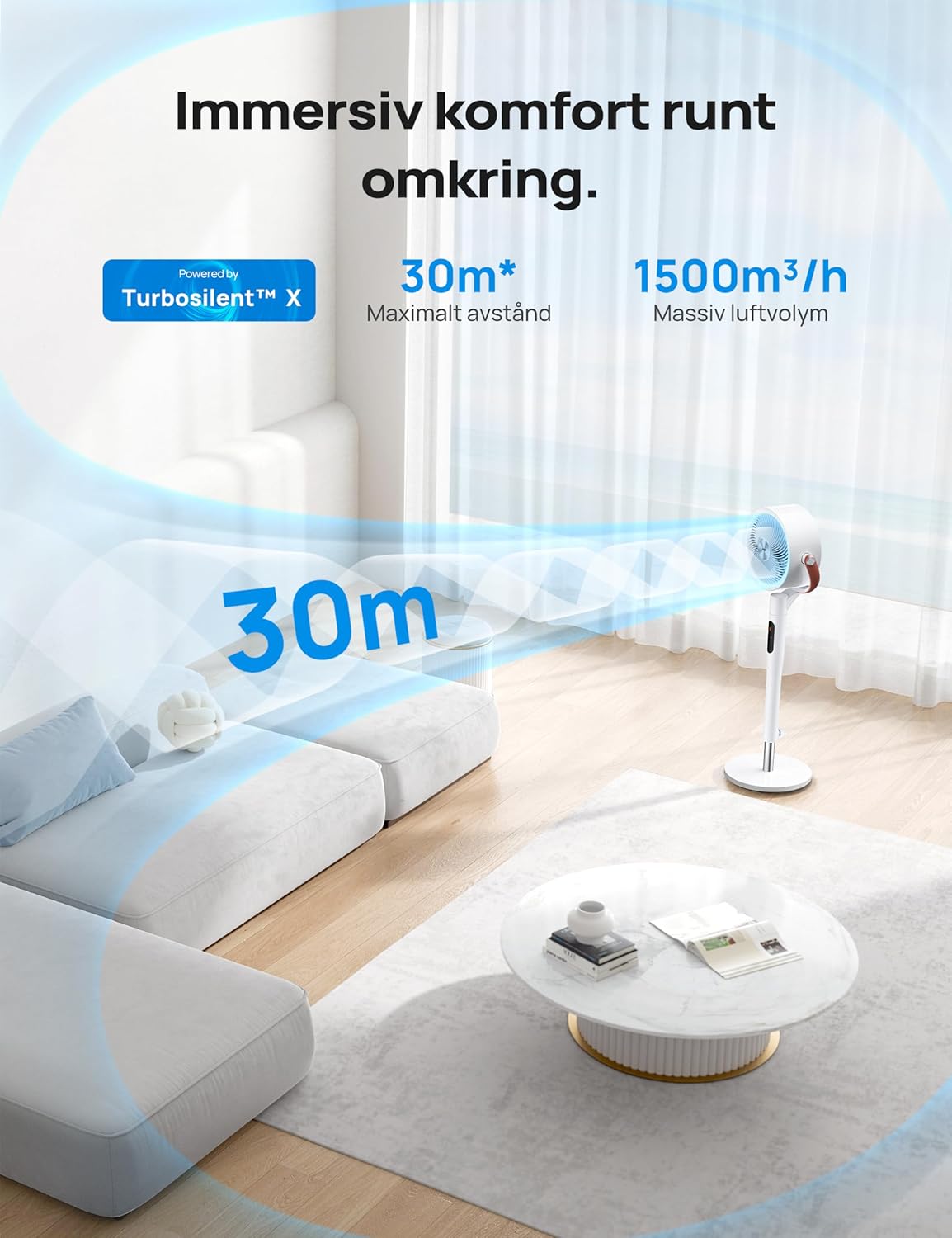 Dreo 25dB tyst smart stående fläkt, 30M vindavstånd, 1500m³/h luftvolym, turbo-luftcirkulator, 110CM höjd, 6 lägen, 8 hastigheter, 120°+105° omnidirektionell oscillering fläkt, PolyFan 513S