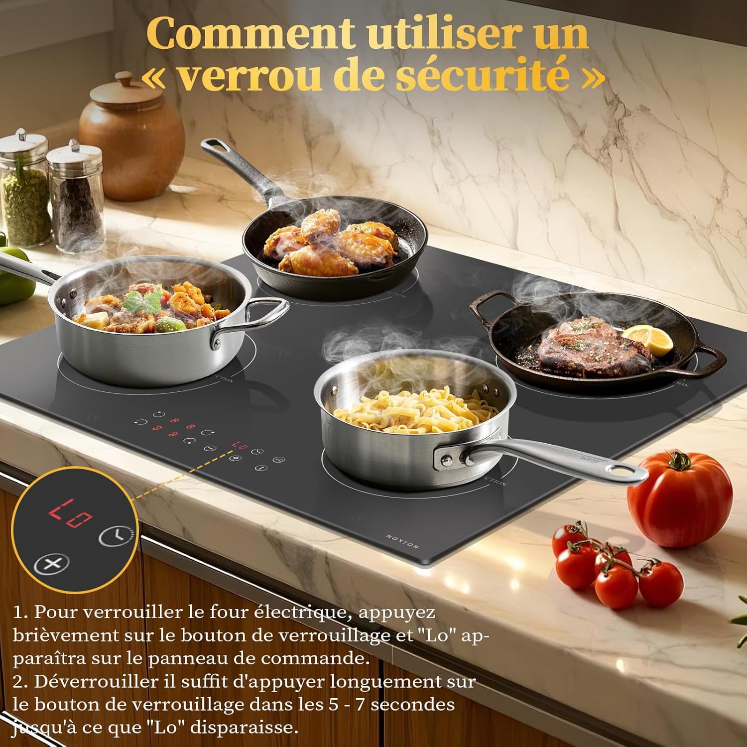 Noxton Induktionsplatta 60cm, 3500W, 220-240V 4-bränder, Touch-kontroll,Installation Plug, Touch-drift,9 Värmenivåer,1-99min timer, Barnsäker själv,Automatisk avstängning, B46414