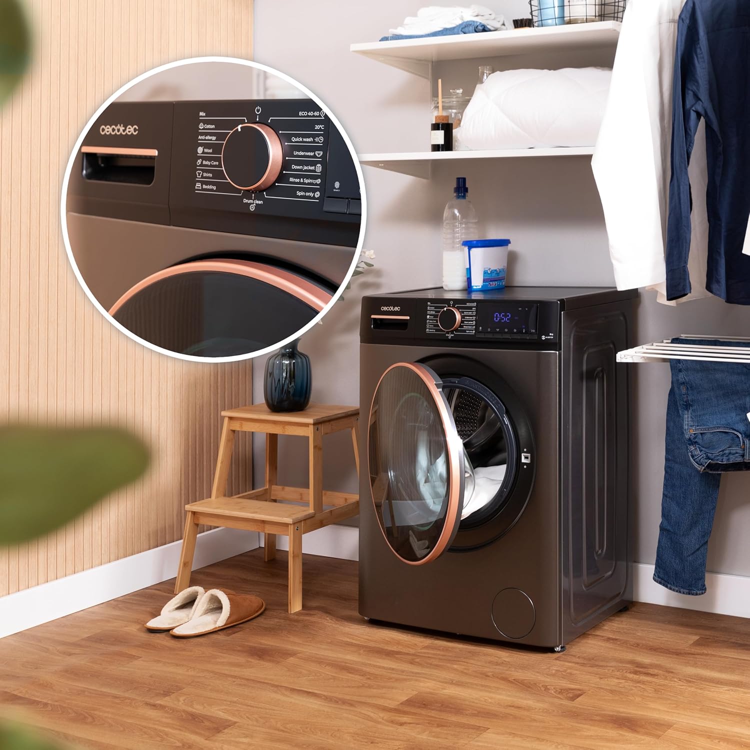 Cecotec 9 kg Bolero Dresscode 9610 Inverter Steel A. 2 000 W, 1 400 rpm, ångfunktion, inverter Plus-motor, 15 program, optimerar vattennivån och tvättiden