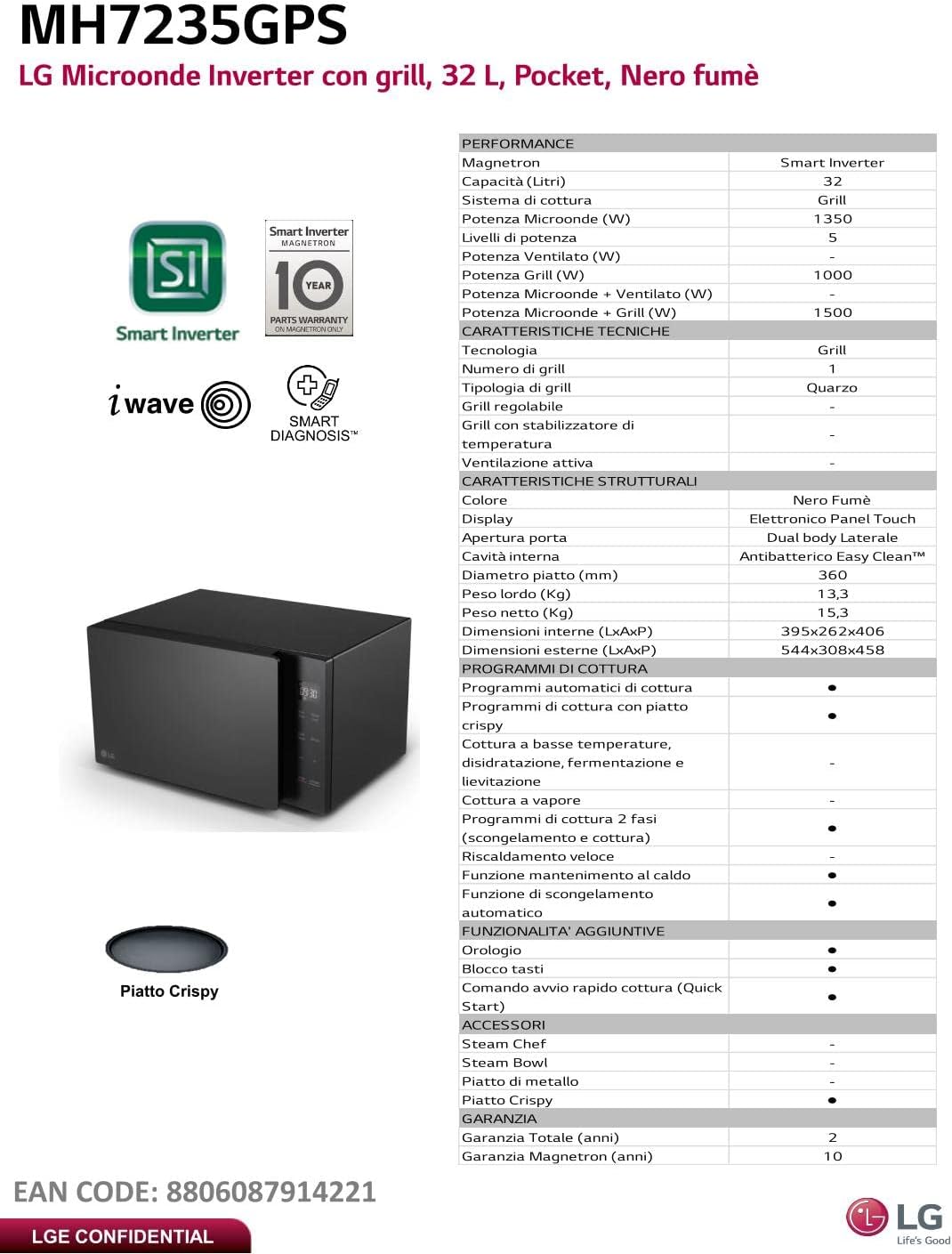 LG MH7235GPS Smart Inverter mikrovågsugn med kvartsgrill, 32 liter, 1 200 W, automatiska program, 5 effektnivåer, mikrovågsugn Crispy ingår - rökt svart