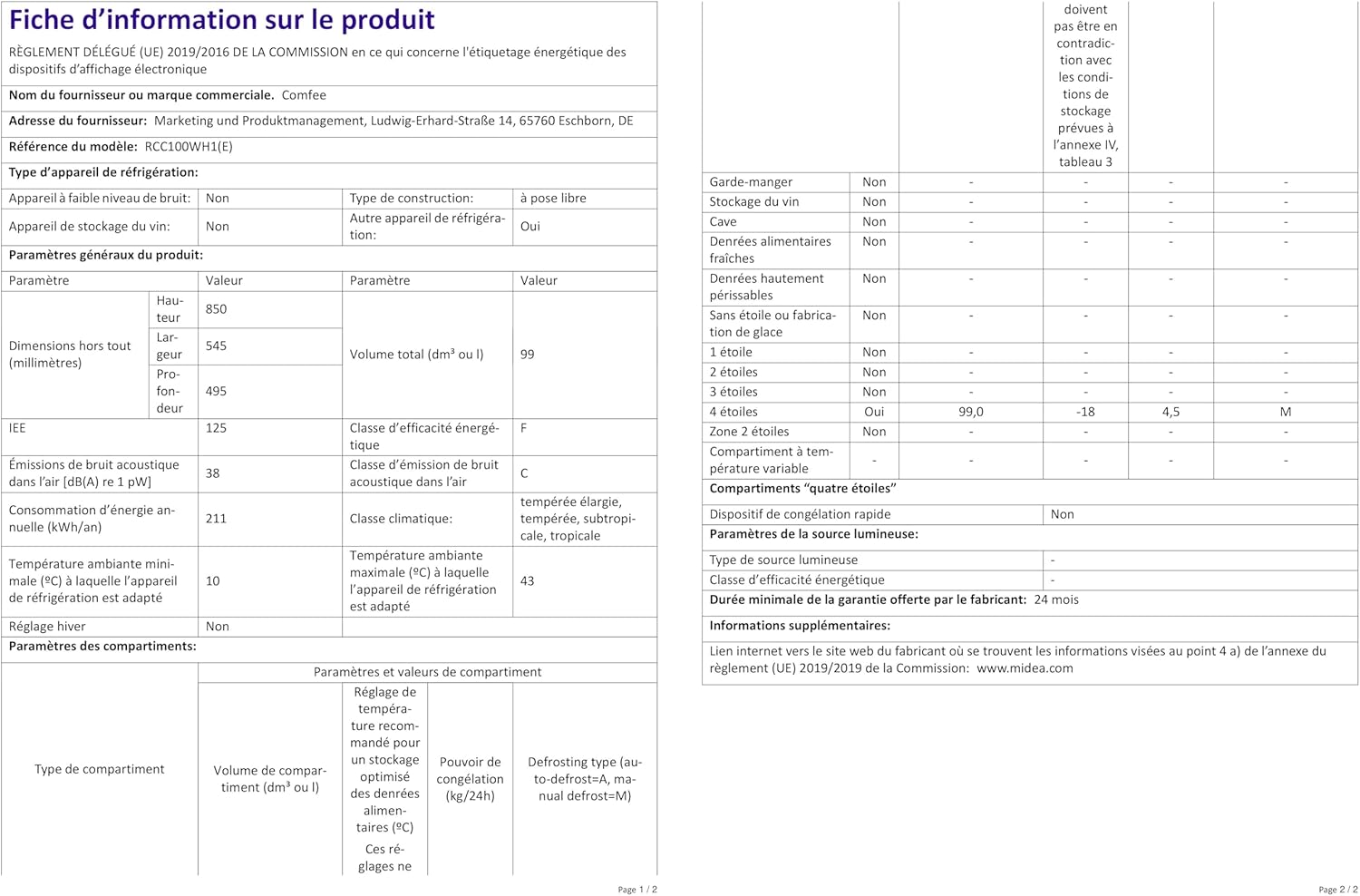 Comfee RCC100WH2(E) Freezer/169kWh/Year/85cm High/99L/38dB/Low Volume/High Efficiency D-Shaped Tube/Suitable for Different Use Scenarios/Adjustable Temperature Controller/White