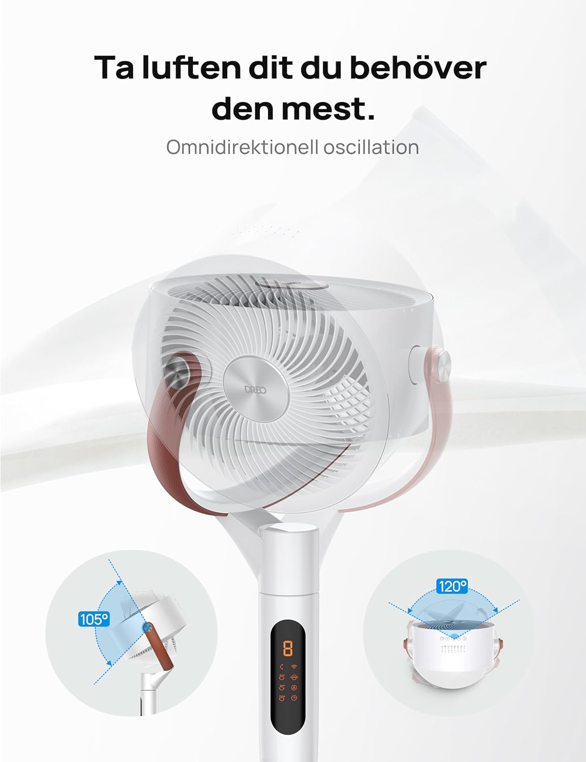 Dreo 25dB tyst smart stående fläkt, 30M vindavstånd, 1500m³/h luftvolym, turbo-luftcirkulator, 110CM höjd, 6 lägen, 8 hastigheter, 120°+105° omnidirektionell oscillering fläkt, PolyFan 513S