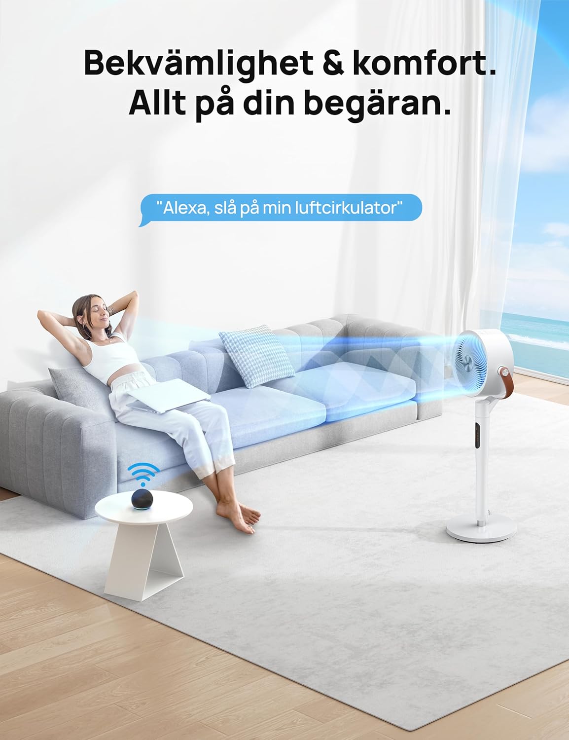 Dreo 25dB tyst smart stående fläkt, 30M vindavstånd, 1500m³/h luftvolym, turbo-luftcirkulator, 110CM höjd, 6 lägen, 8 hastigheter, 120°+105° omnidirektionell oscillering fläkt, PolyFan 513S