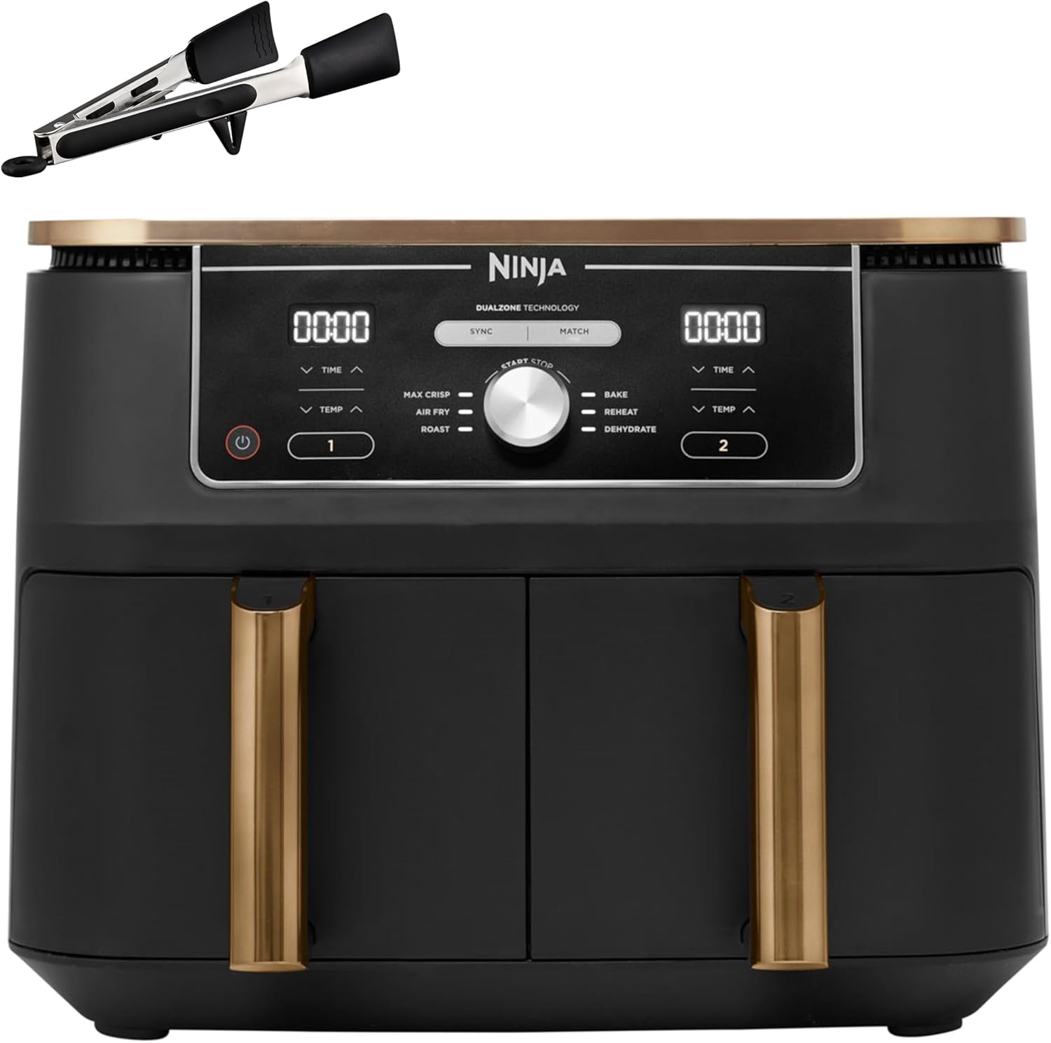 Ninja Foodi MAX Double Zone Air Fryer, Tongs, 2 Drawers, 9.5L, 6-in-1, Usually No Oil, Air Fryer, Maximize Crisp, Roast, Bake, 8 Serves, Nonstick Dishwasher Safe Baskets, Copper/Black AF400EUCP