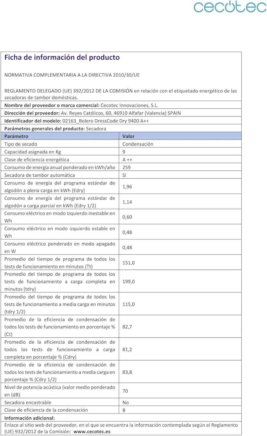 Cecotec Värmepumptork – 9 kg Bolero DressCode Dry 9400 A+. Automatisk torkning, låg energiförbrukning, full touch, 15 program, trumma i rostfritt stål, KidLock, fördröjningsfunktion
