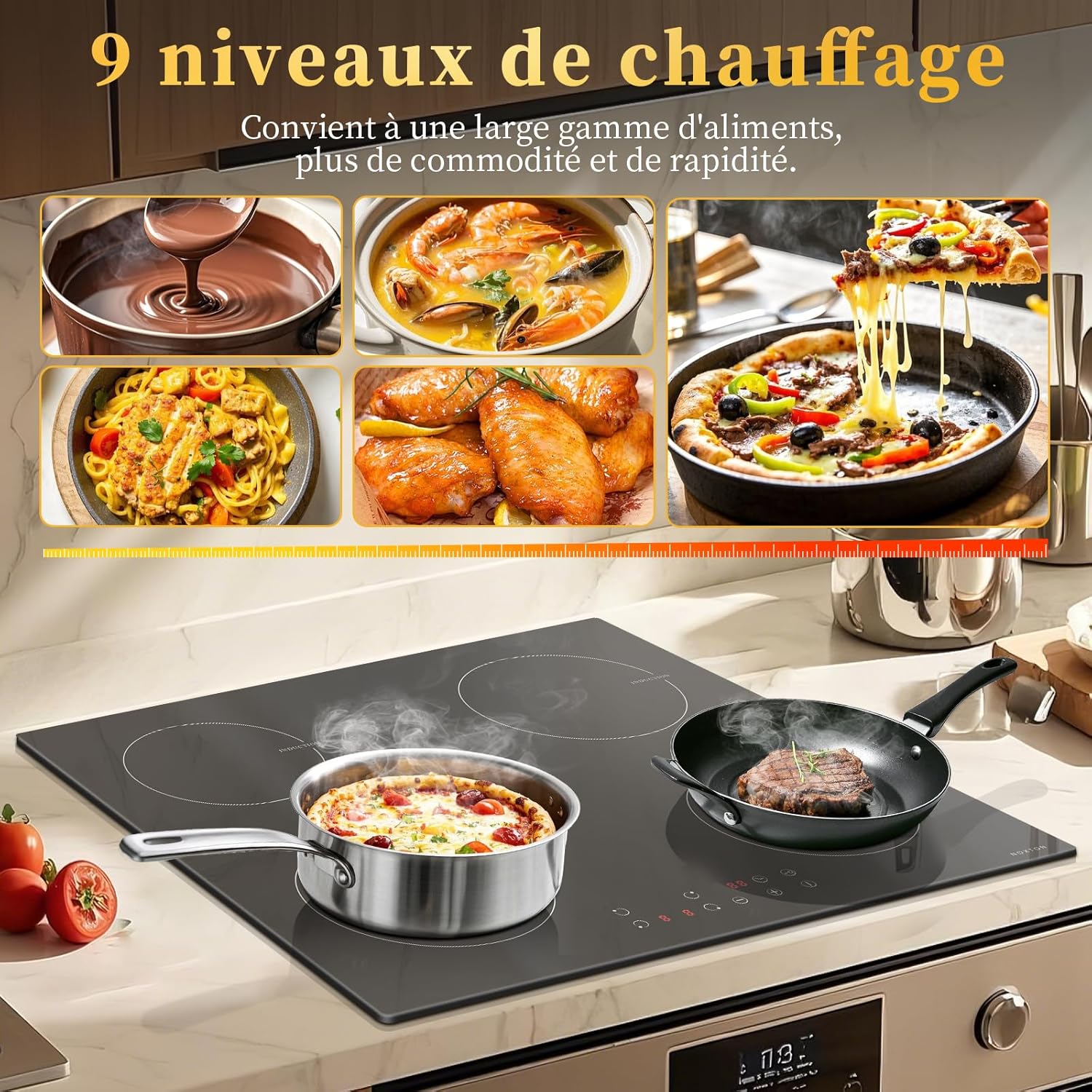 Noxton Induktionsplatta 60cm, 3500W, 220-240V 4-bränder, Touch-kontroll,Installation Plug, Touch-drift,9 Värmenivåer,1-99min timer, Barnsäker själv,Automatisk avstängning, B46414