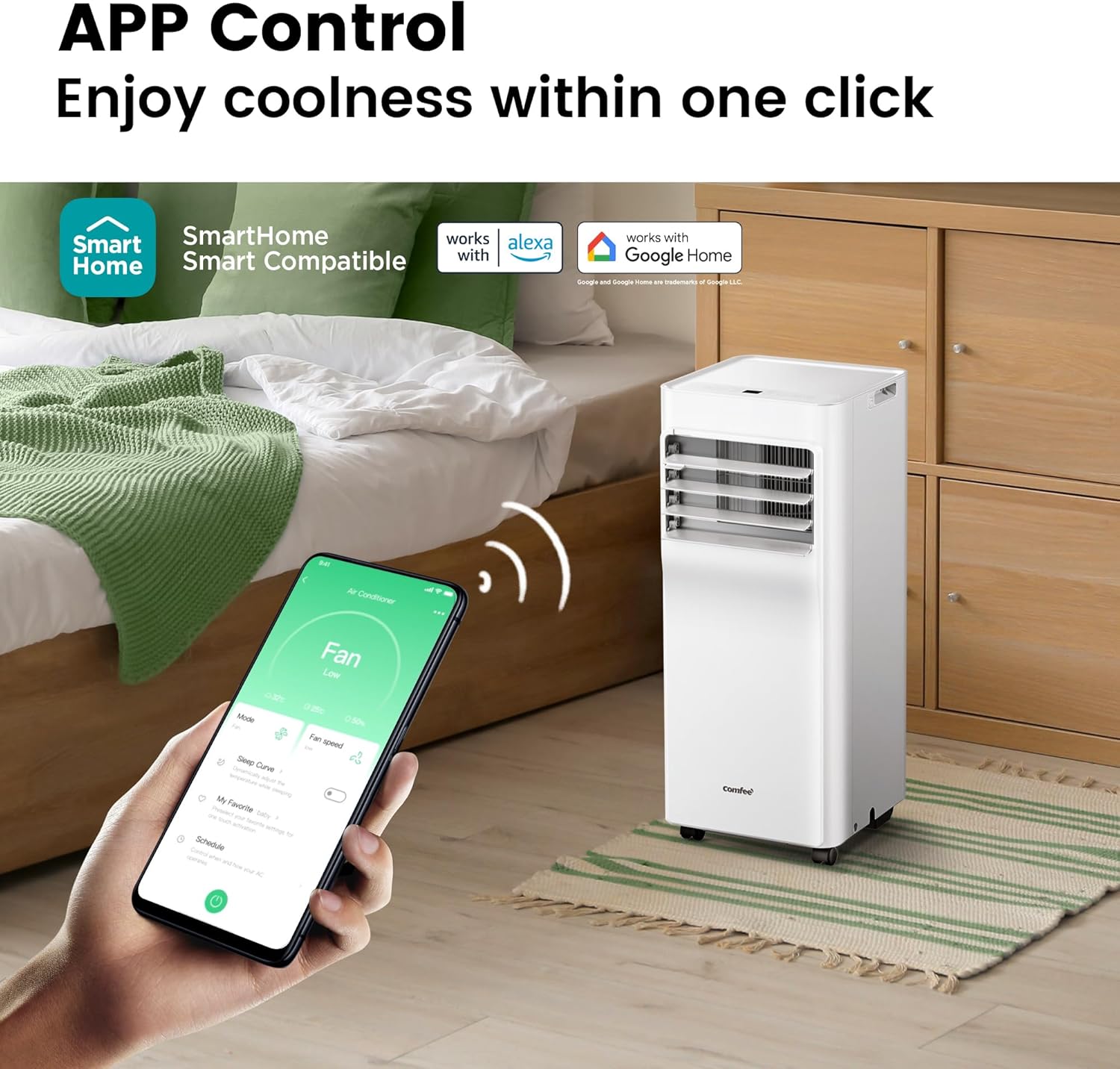 COMFEE Mobil luftkonditionering 9000 BTU/h 2,6 kW, APP-kontroll, 3 lägen, 3 ventilationshastigheter, kompakta storlekar, för 33 ㎡-delar, Breezy Cool 2.6, Fungerar med Alexa