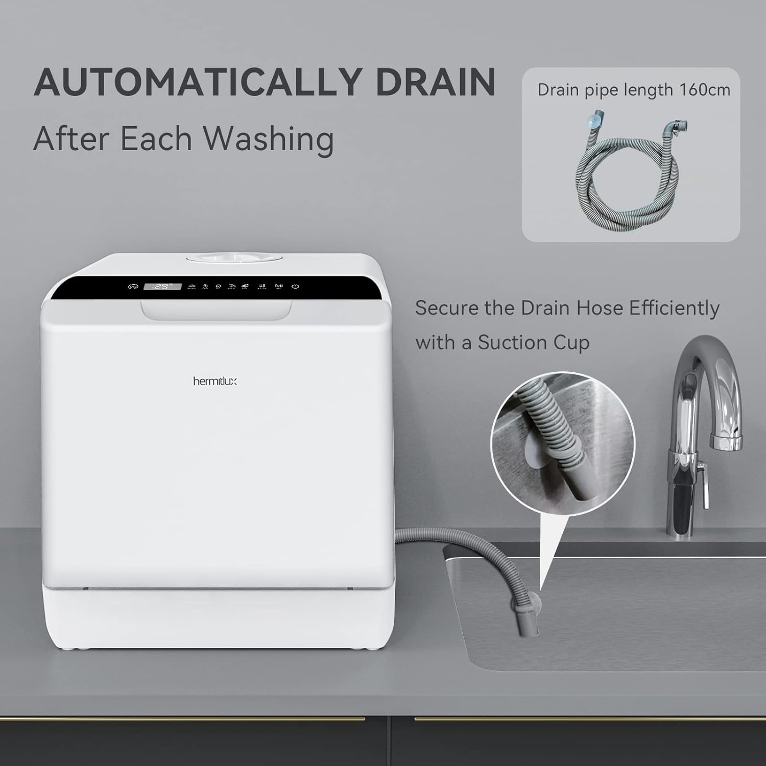 Hermitlux Mini-diskmaskin, diskmaskin, kan användas med kran eller utan kran, bredd 43 cm, rymmer 4 uppsättningar, lämplig för camping, 175 kWh/år, vit