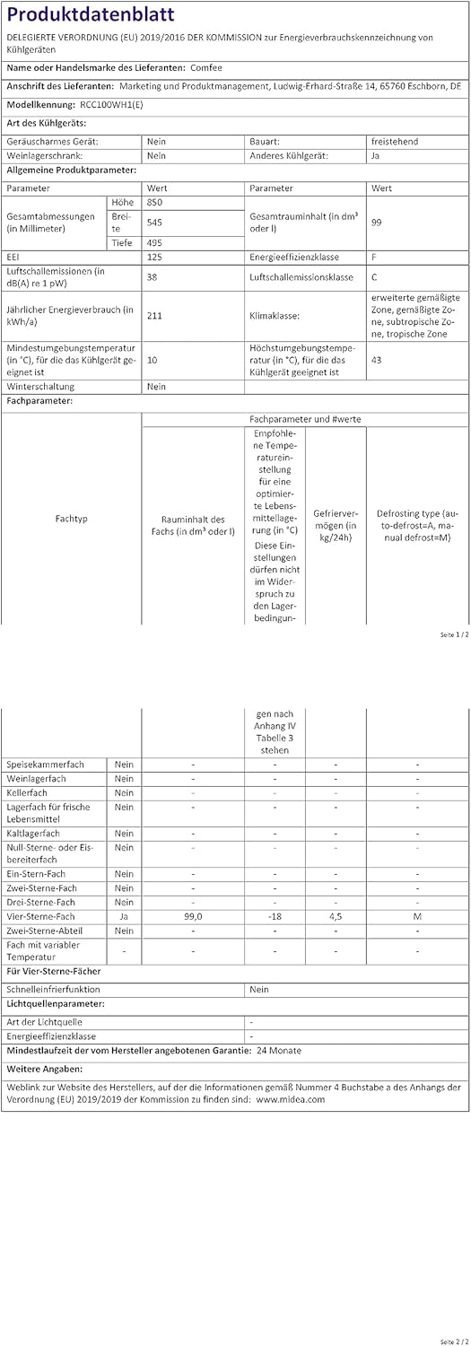 Comfee RCC100WH2(E) Freezer/169kWh/Year/85cm High/99L/38dB/Low Volume/High Efficiency D-Shaped Tube/Suitable for Different Use Scenarios/Adjustable Temperature Controller/White
