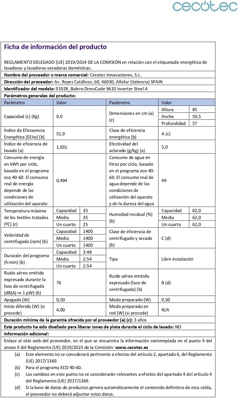 Cecotec 9 kg Bolero Dresscode 9610 Inverter Steel A. 2 000 W, 1 400 rpm, ångfunktion, inverter Plus-motor, 15 program, optimerar vattennivån och tvättiden